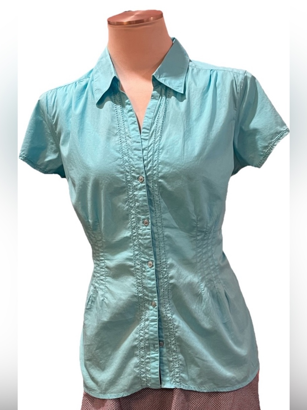 Aqua Short-Sleeve Button Front Blouse